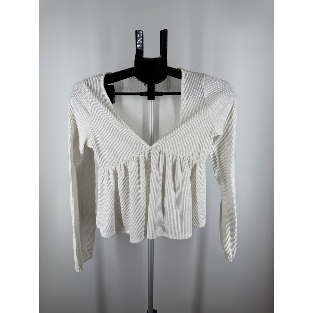 Mi Ami‎ White Ribbed V-Neck Babydoll Peplum Long Sleeve Top S
